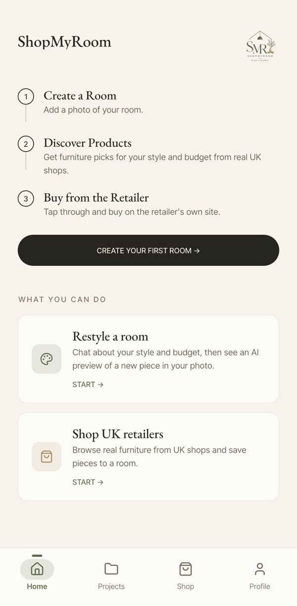ShopMyRoom home screen: create a room, discover products, buy from the retailer