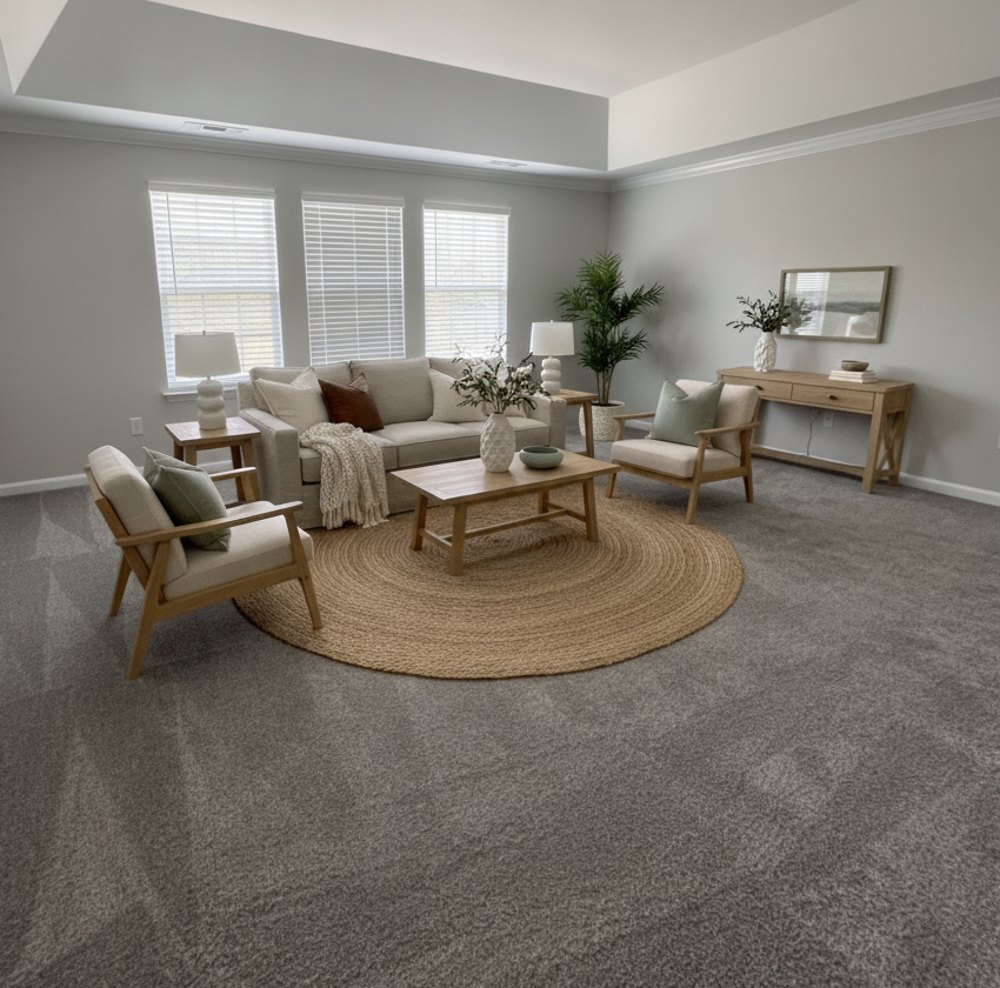 The room furnished with a linen sofa, oak chairs and a round jute rug