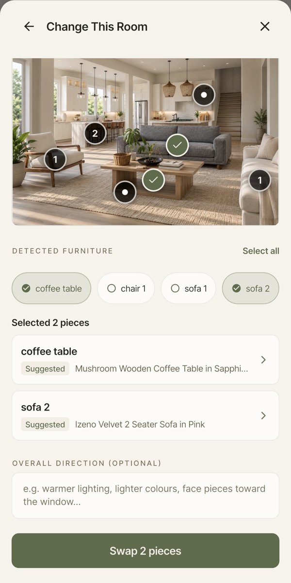Change this room: furniture detected in the photo, with a coffee table and a sofa selected to swap